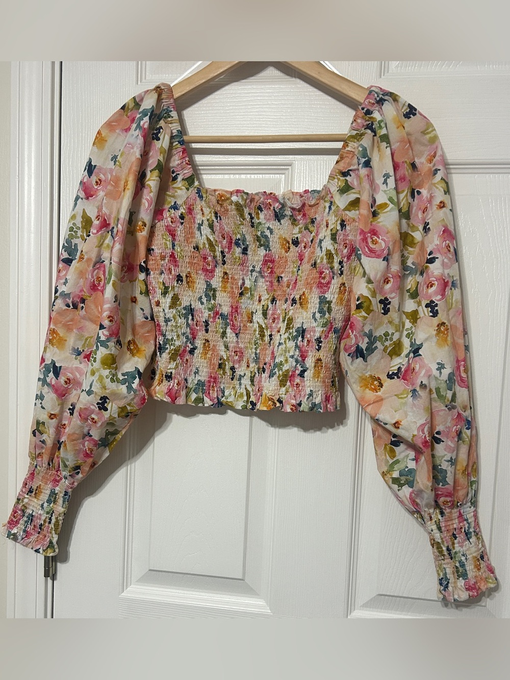 Jacquie The Label Pink Floral Smocked Crop Top Balloon Sleeves Festival Cotton M